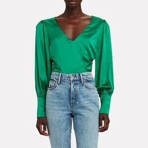 Intermix Ashley Emerald Green Silk V-neck Blouse